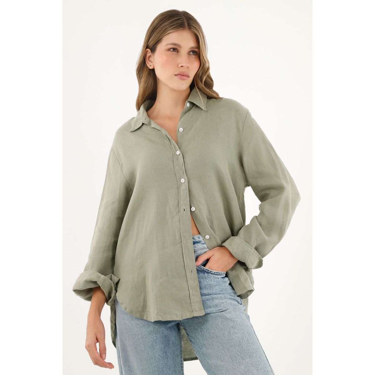 TENNIS - Camisa 100% lino manga larga verde para mujer