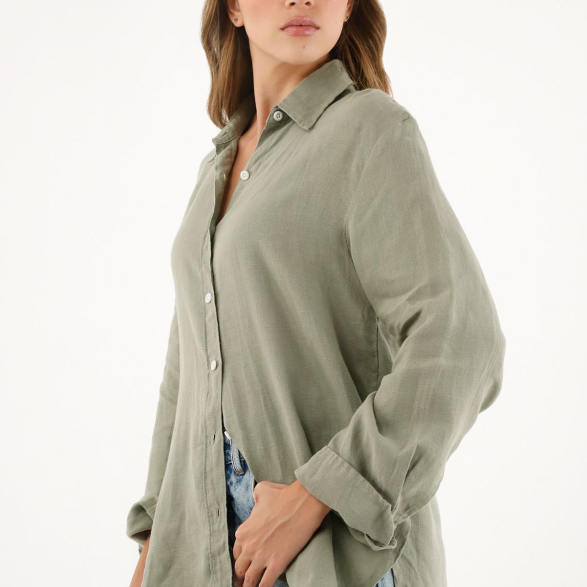 TENNIS - Camisa 100% lino manga larga verde para mujer