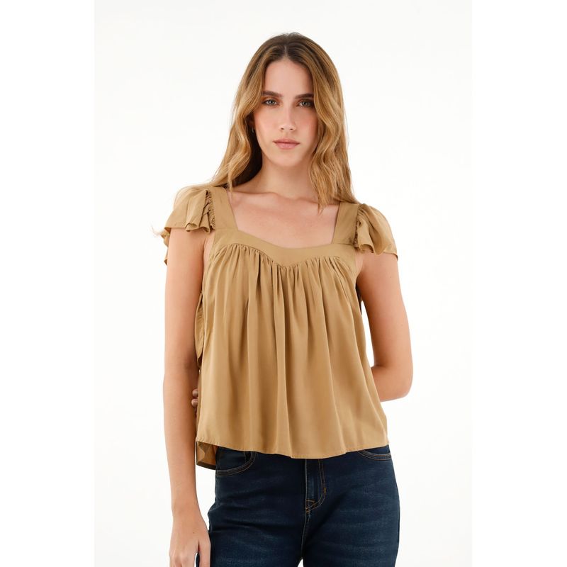 TENNIS - Camisa café de escote recto en chalis para mujer