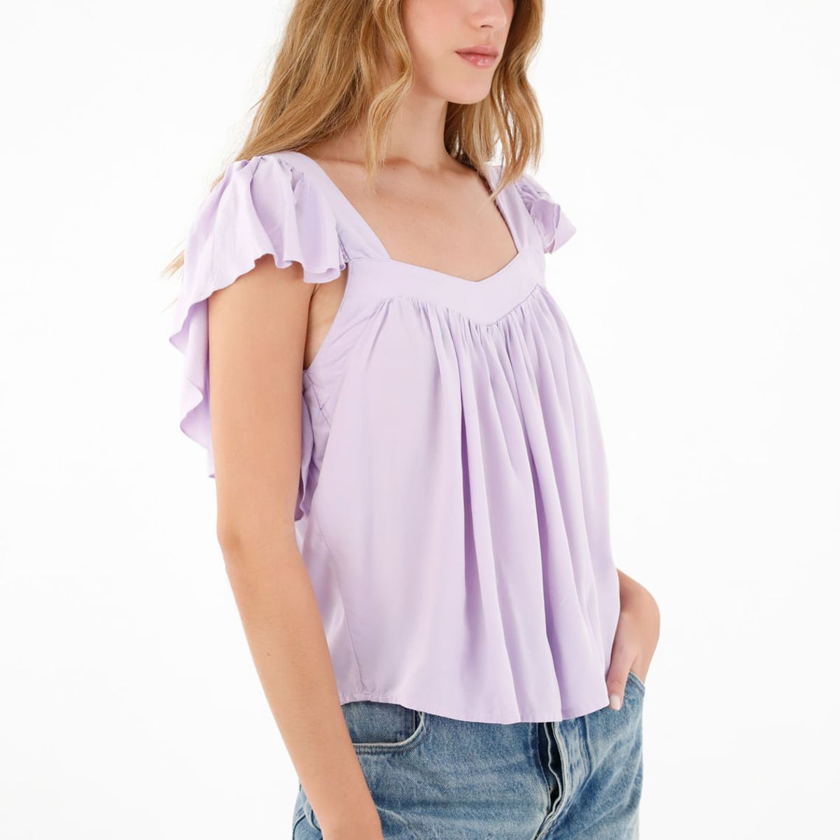 TENNIS - Camisa morada de escote recto en chalis para mujer