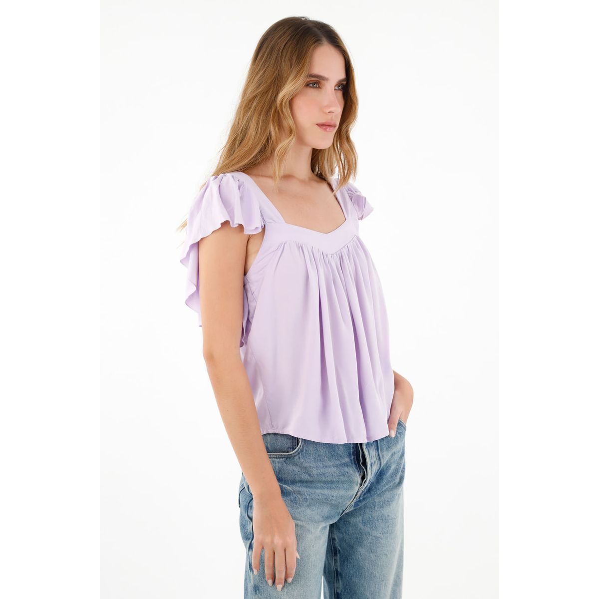 TENNIS - Camisa morada de escote recto en chalis para mujer