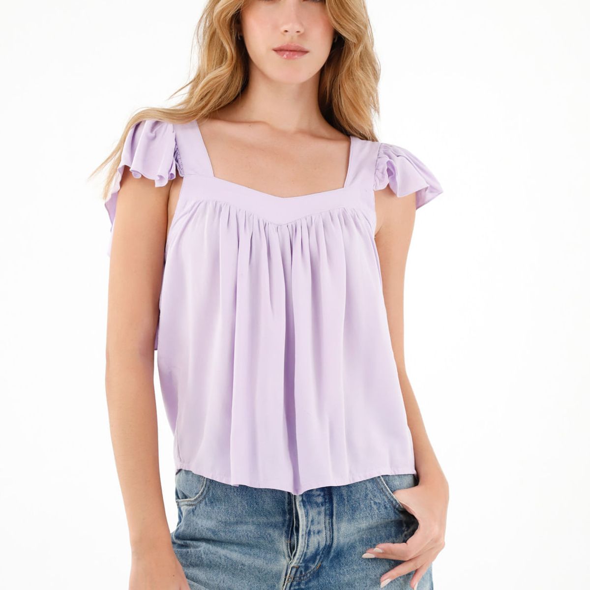 TENNIS - Camisa morada de escote recto en chalis para mujer