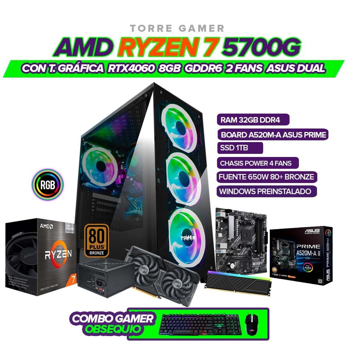 AMD - PC GAMER RYZEN 7 5700G/ GRAFICA RTX4060 8GB/ RAM 32GB/ SSD 1TB M.2 + COMBO GAMER