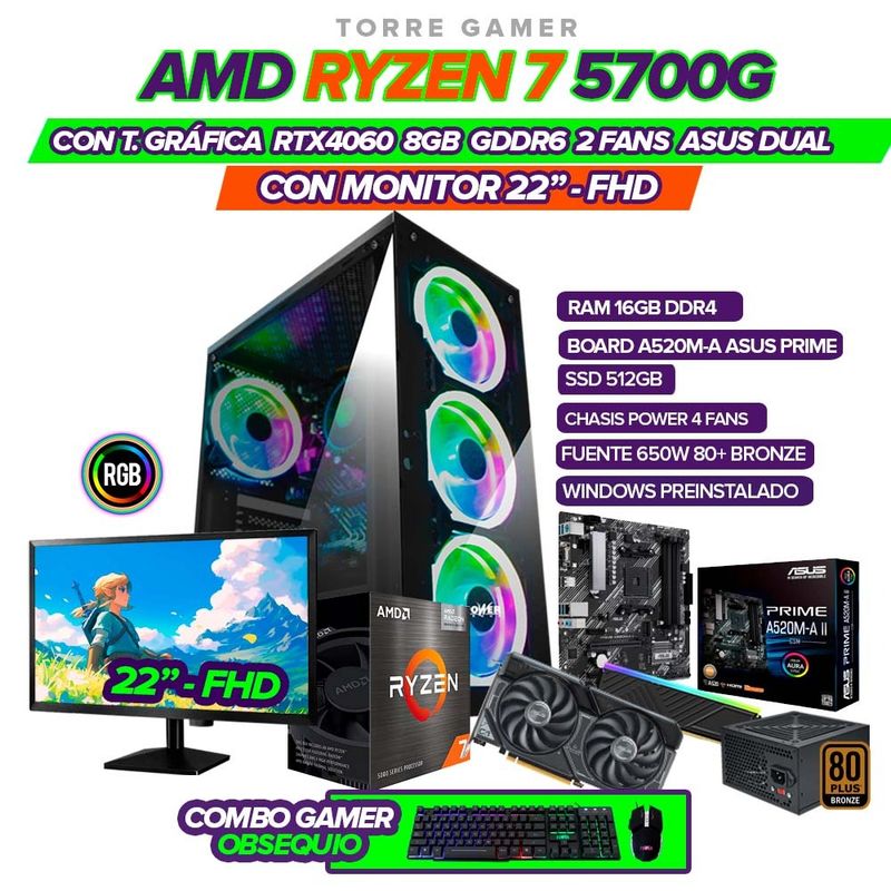 AMD - PC GAMER R7 5700G T VIDEO RTX4060 8GB RAM 16GB SSD 512GB M2 + MONITOR 22 FHD