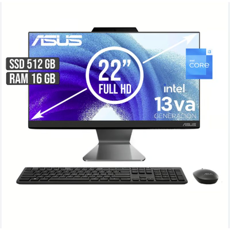 ASUS - Todo en uno Asus Intel Core I3 1315U SSD 512GB DDR4 16GB NO DVD Pantalla 215 FHD Negro