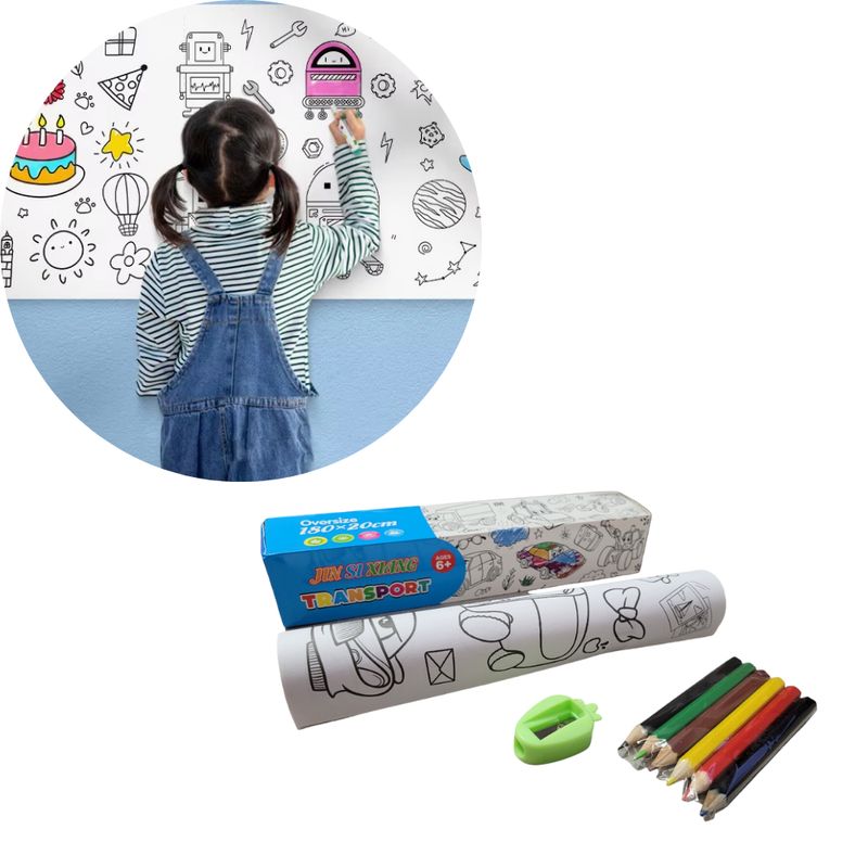 GENERICO - Kit de Colorear para Niños Rollo Papel + Colores + Tajalápiz