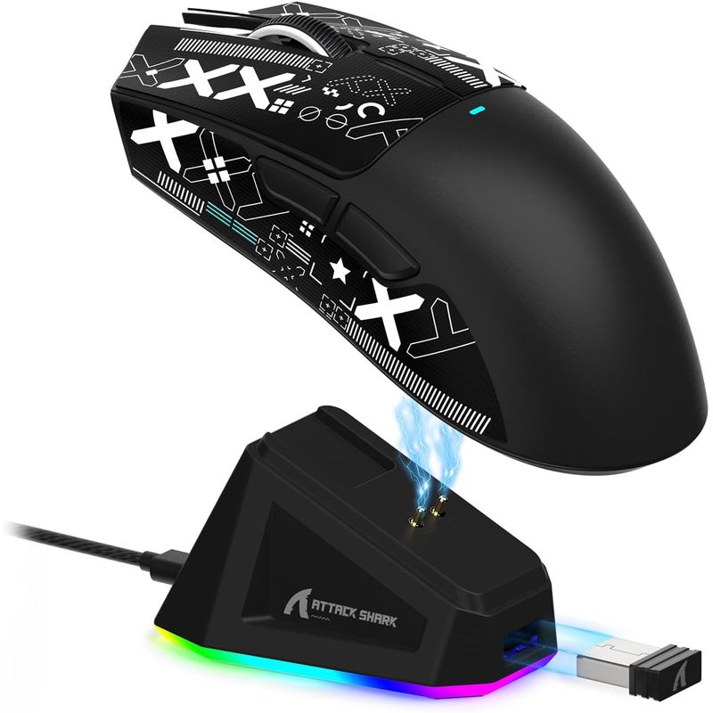 SHARK - Mouse Gamer Attack Shark x11 RGB con puesto de carga 22.000 DPI Negro