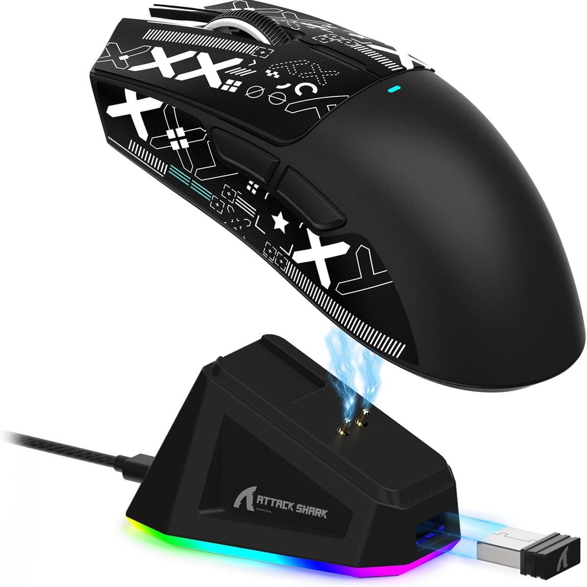 SHARK - Mouse Gamer Attack Shark x11 RGB con puesto de carga 22.000 DPI Negro
