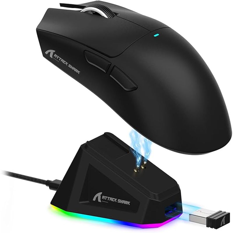 SHARK - Mouse Gamer Attack Shark x11 RGB con puesto de carga 22.000 DPI Negro