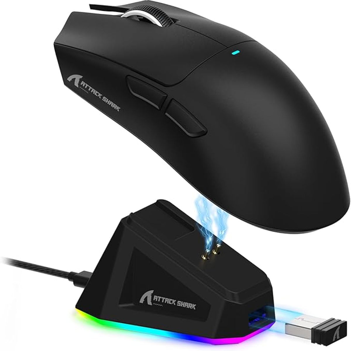 SHARK - Mouse Gamer Attack Shark x11 RGB con puesto de carga 22.000 DPI Negro