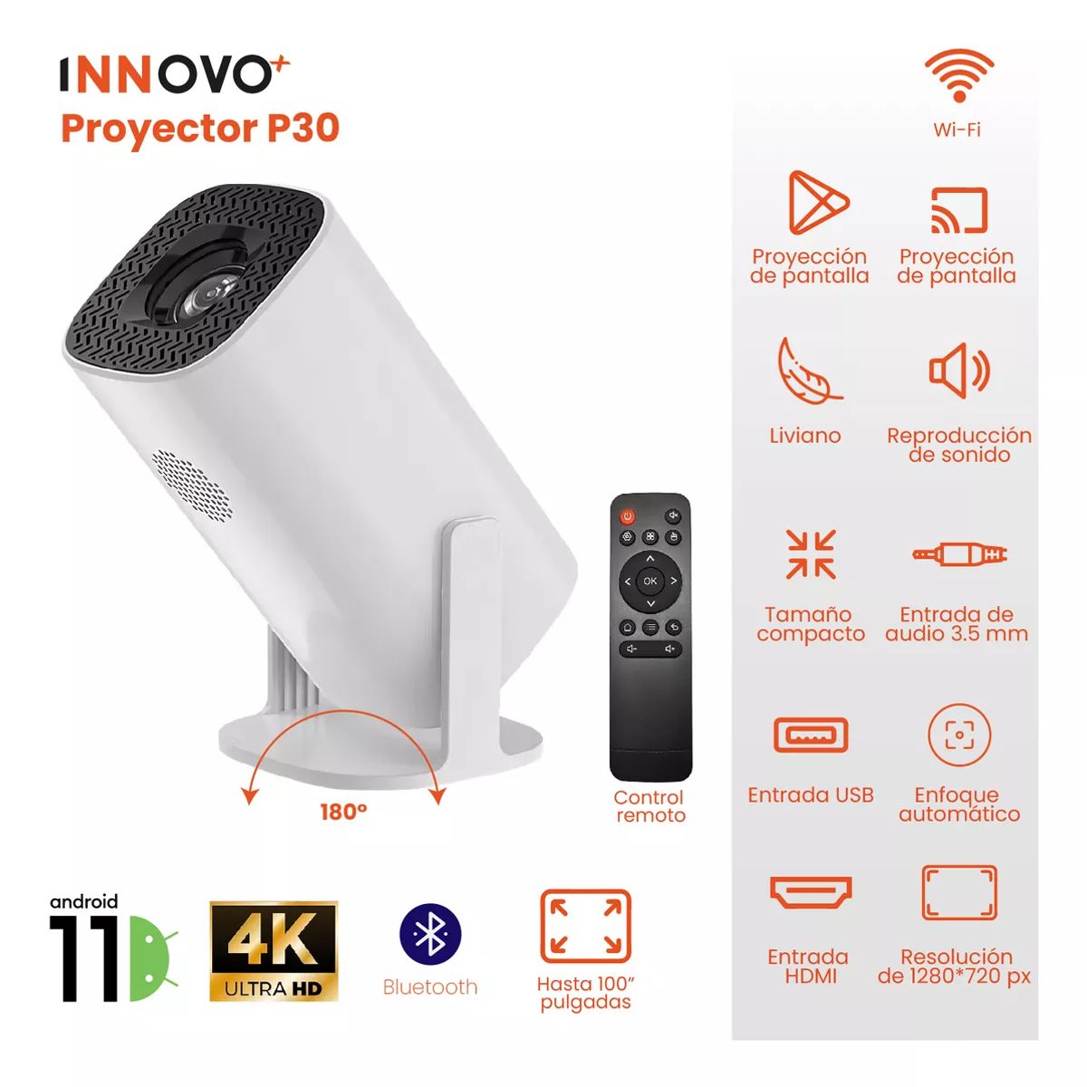 GENERICO - Proyector Android 11 P30 4k Apps Sonido Hasta 100 Pulgadas