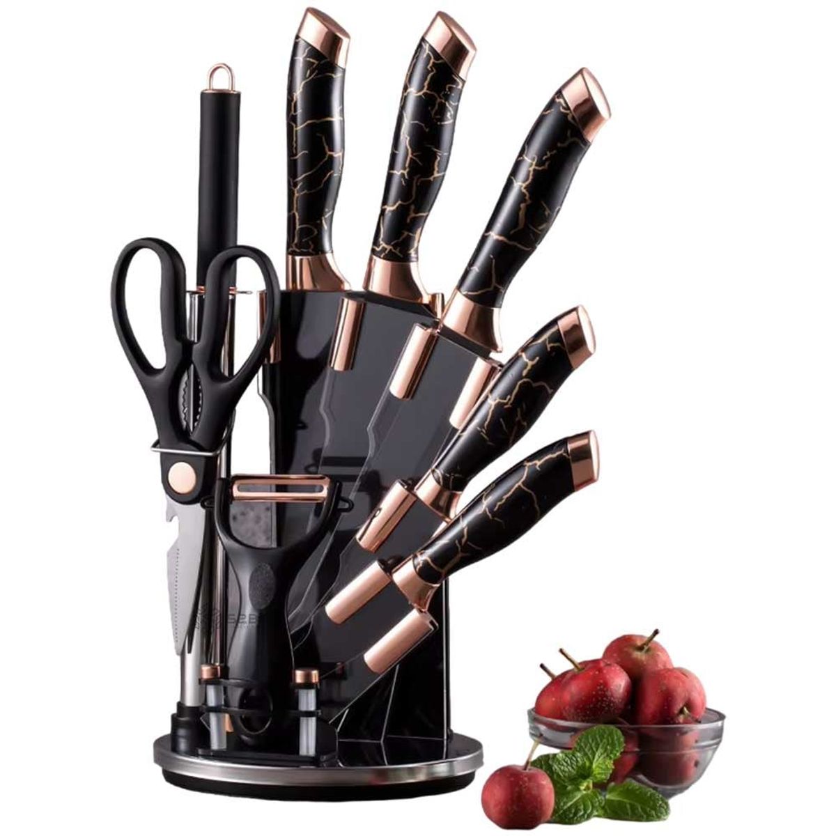 ONE PIXEL - Set Juego De Cuchillos De 8 Piezas Con Base Abanico Giratoria Negro