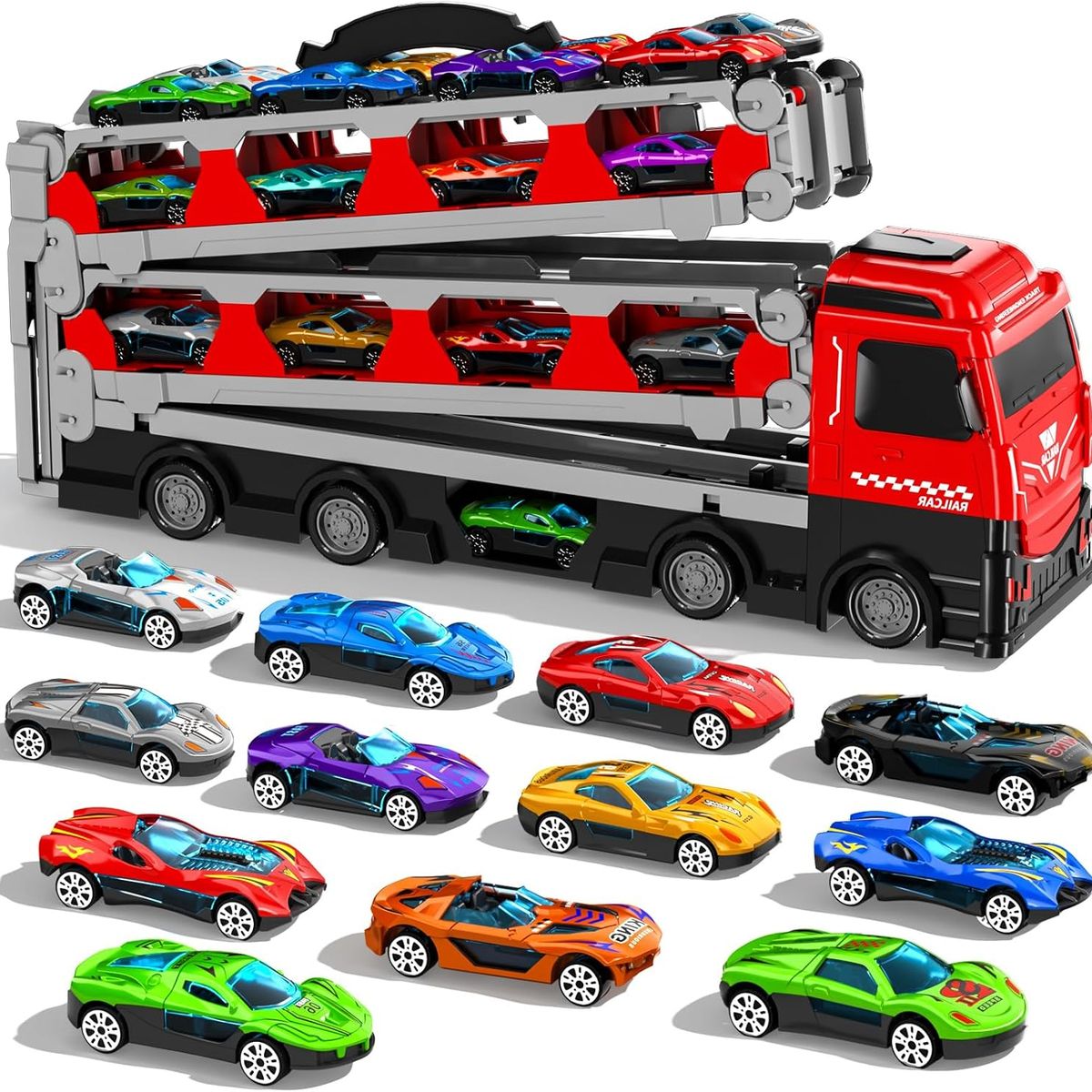 GENERICO - Camión Remolque Transporte y Pista + 12 Carros Juguete Niños