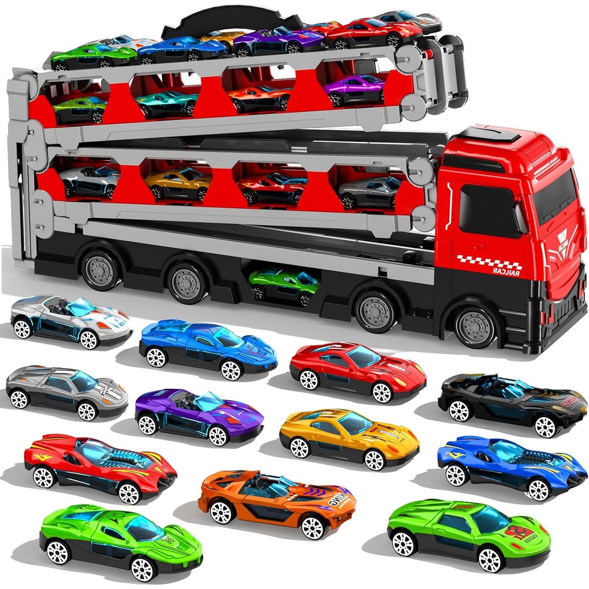 GENERICO - Camión Remolque Transporte y Pista + 12 Carros Juguete Niños