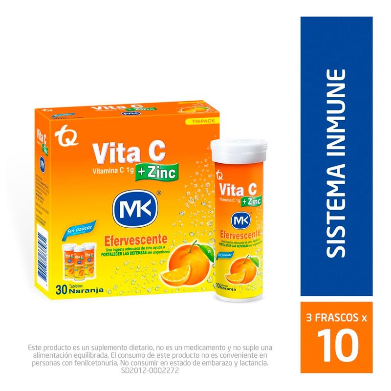 MK - Tripack Vita C + Zinc Mk Efervescente Naranja X 30 Tabletas