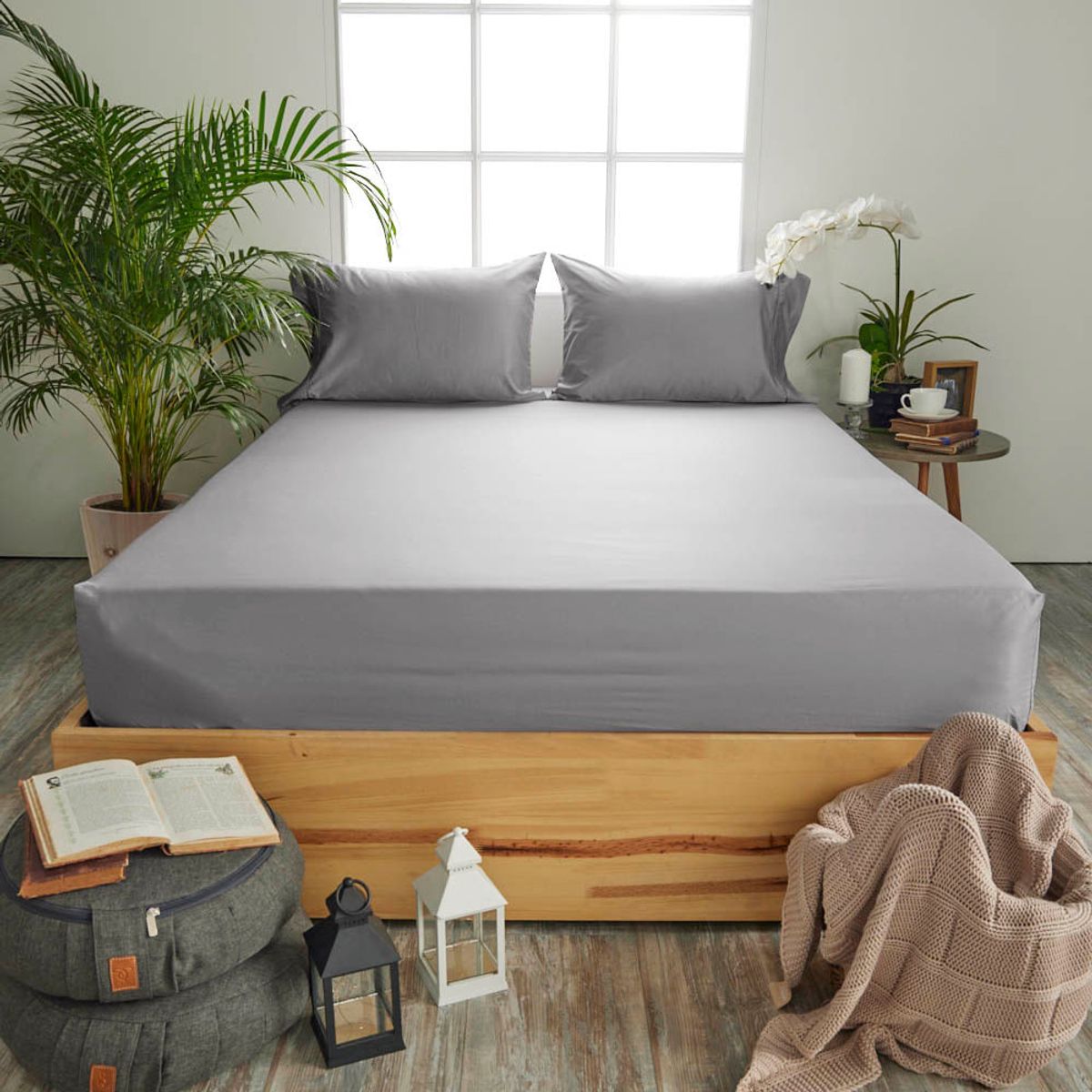 DISTRIHOGAR - Sábana Ajustable Más Fundas 300 Hilos Gris Queen
