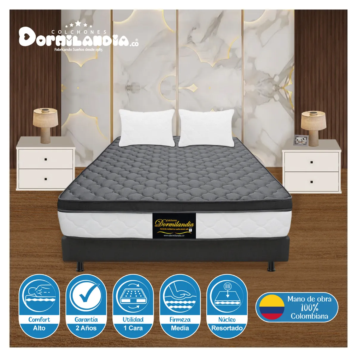 DORMILANDIA - Combo colchón gris king resortado dublín+base cama dividida+almohadas
