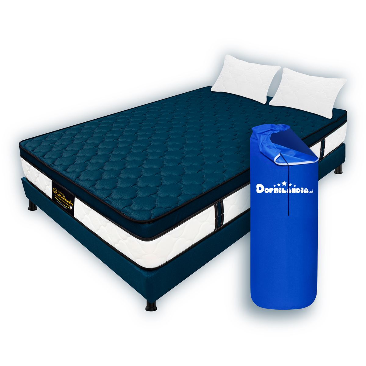 DORMILANDIA - Colchón Dublín Semidoble Azul Resortado Enrollado  más Base Cama y 1 Almohada