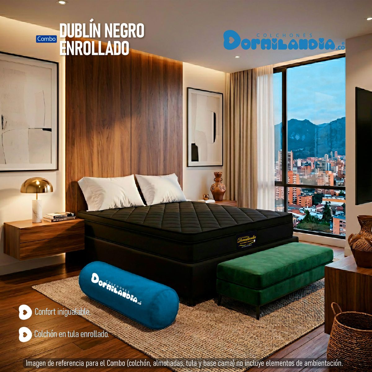 DORMILANDIA - Colchón Negro Semidoble 120x190 Resortado Dublín Enrollado+Base Cama+Almohadas
