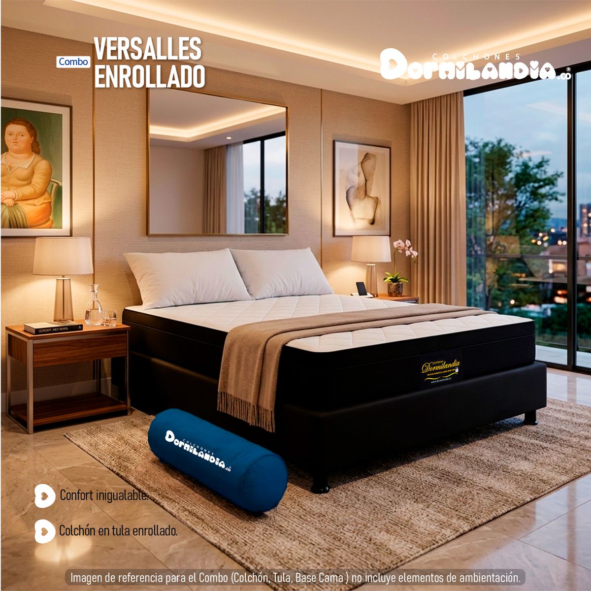 DORMILANDIA - Combo Colchón Versalles Semidoble Resortado Enrollado Más Base Cama y 2 Almohadas