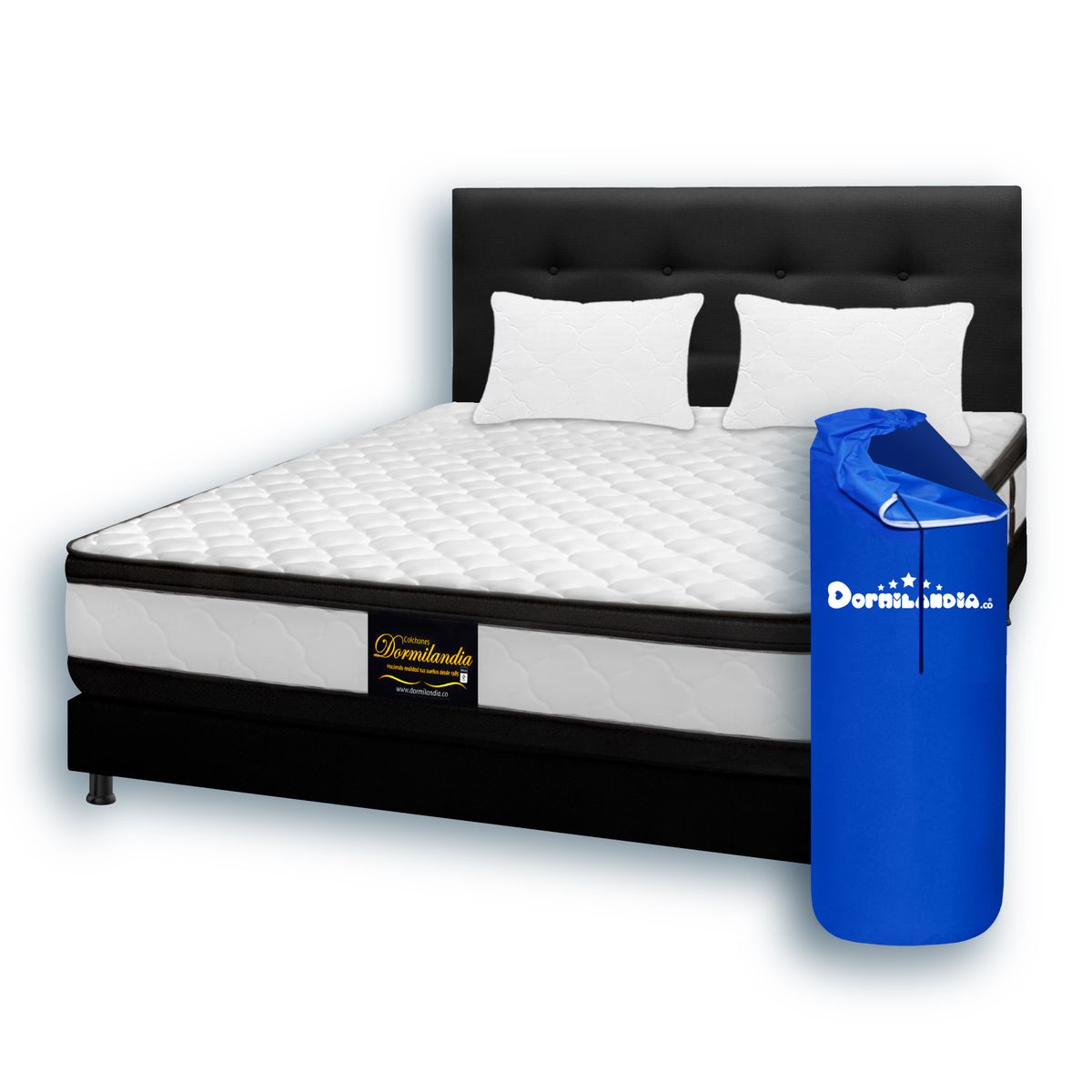DORMILANDIA - Colchón Semidoble Resortado Atenas Enrollado + Base Cama + Cabecero + Almohadas