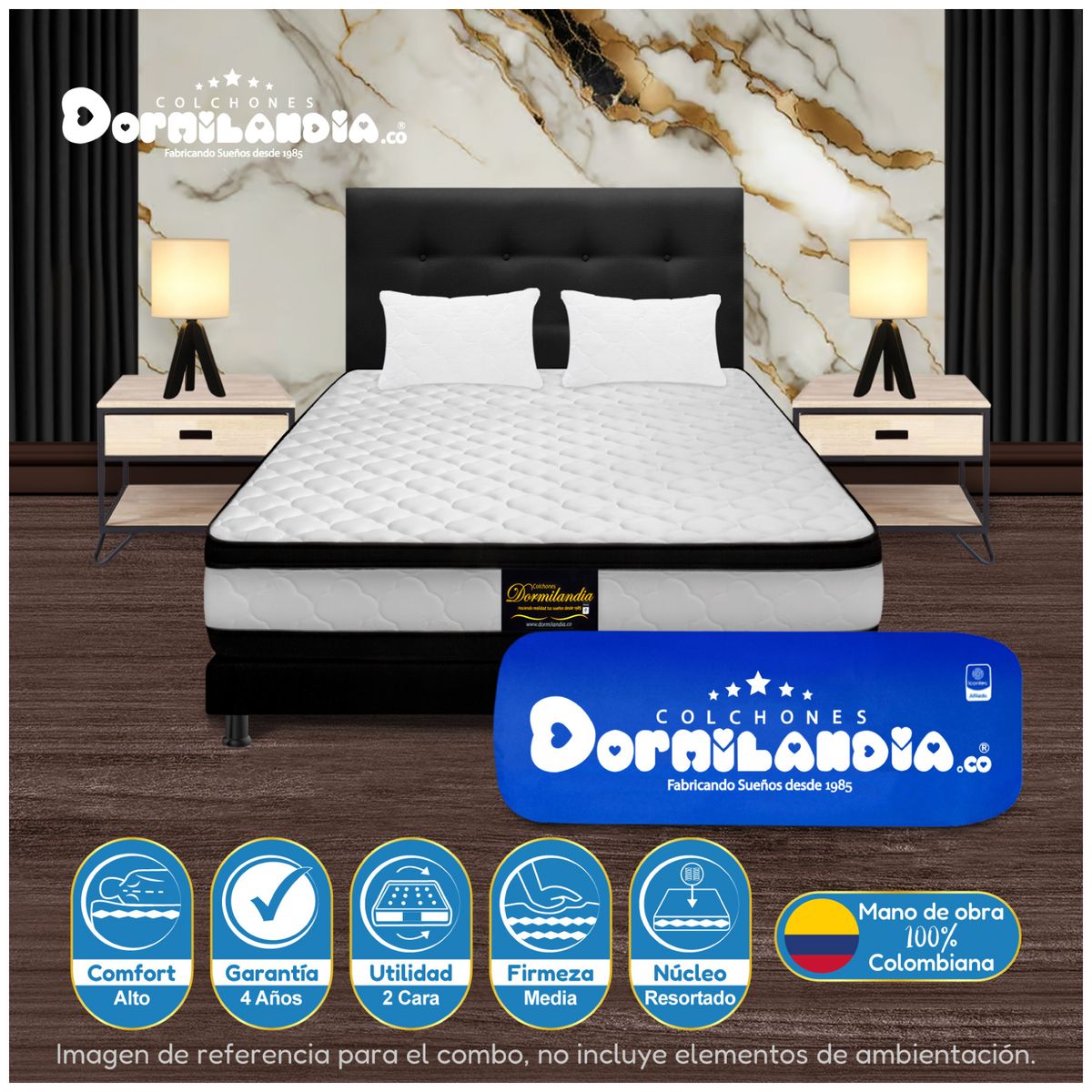 DORMILANDIA - Colchón Semidoble Resortado Atenas Enrollado + Base Cama + Cabecero + Almohadas
