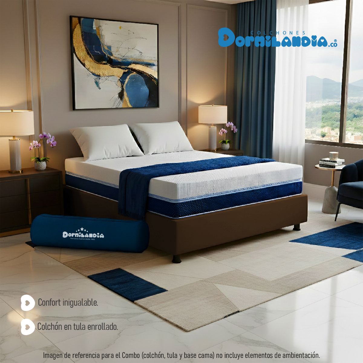 DORMILANDIA - Combo Colchón Multisleep Enrollado Semidoble Café Más Base Cama y 2 Almohadas