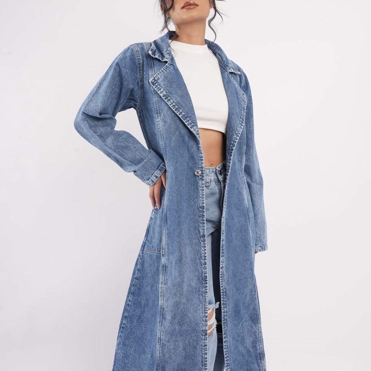 FRIOLENTA - Abrigo Jean Largo Gaban Denim Moda