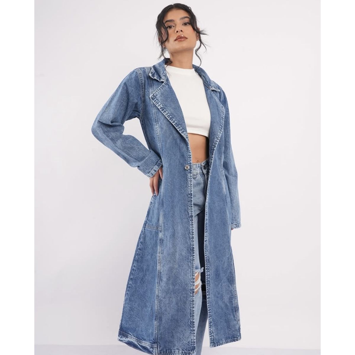 FRIOLENTA - Abrigo Jean Largo Gaban Denim Moda