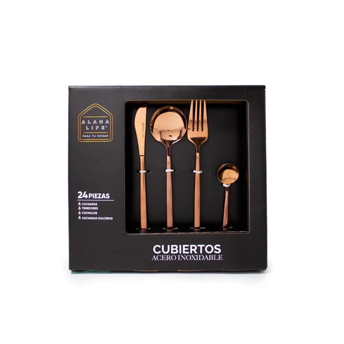 ALANA LIFE - Combo Escurridor + Juego Cuchillos + Juego Cubiertos Oro Rosa