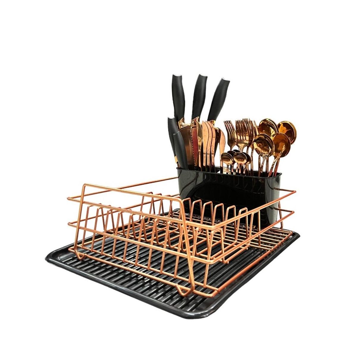 ALANA LIFE - Combo Escurridor + Juego Cuchillos + Juego Cubiertos Oro Rosa