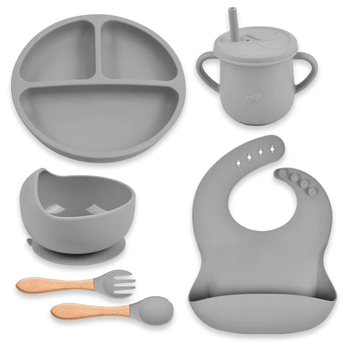 BOOGY - Set 7 piezas Vajilla alimentacion silicona para bebe Gris