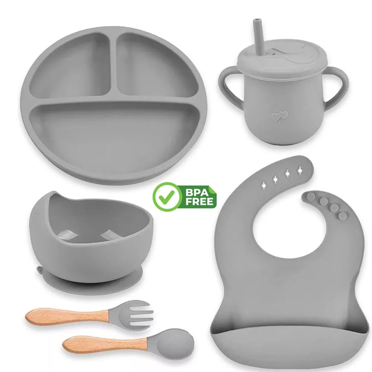 BOOGY - Set 7 piezas Vajilla alimentacion silicona para bebe Gris
