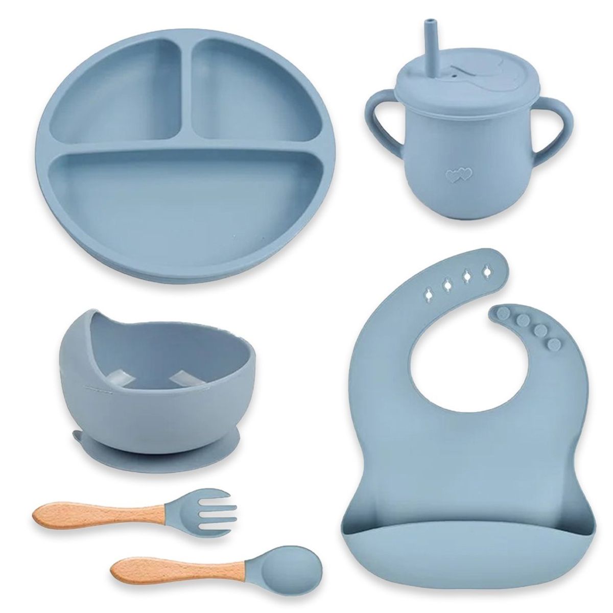 BOOGY - Set 7 piezas Vajilla alimentacion silicona para bebe Azul