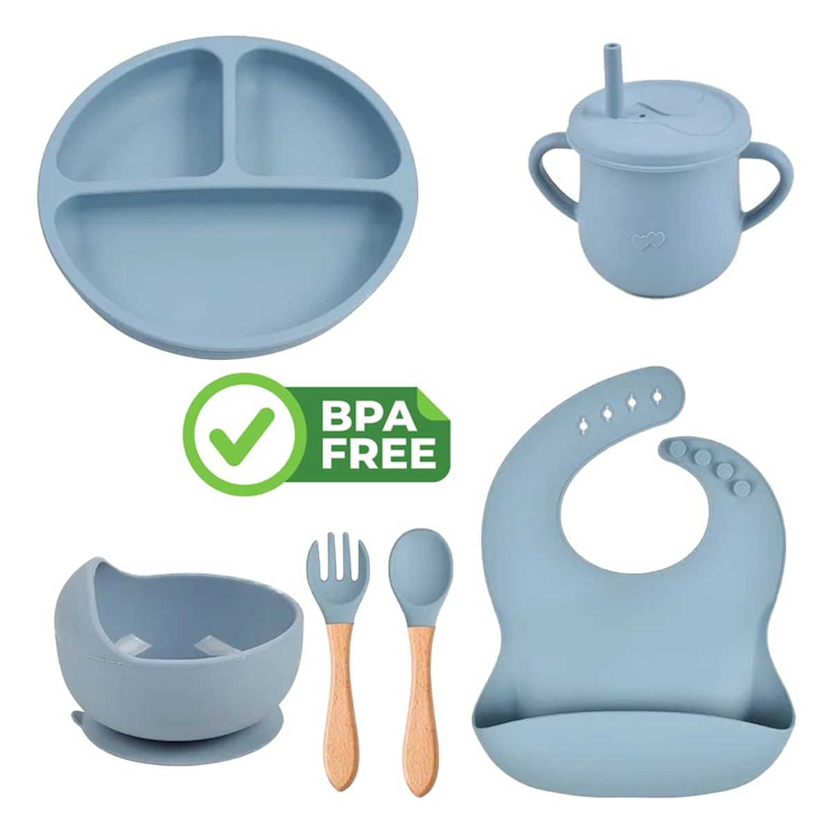 BOOGY - Set 7 piezas Vajilla alimentacion silicona para bebe Azul