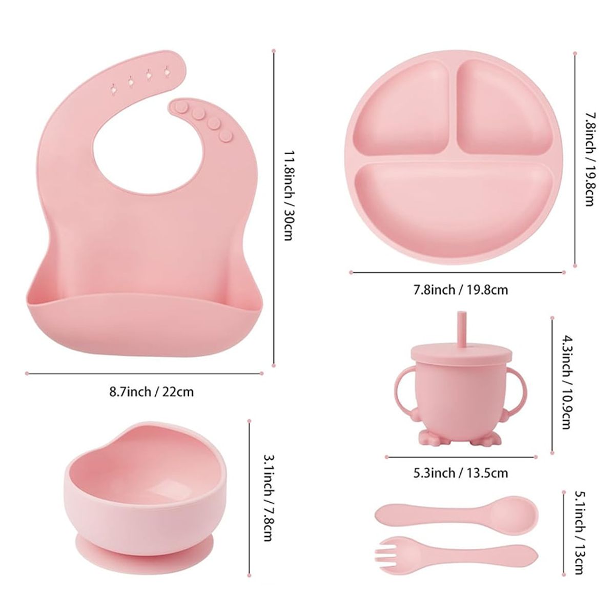 BOOGY - Set 7 piezas Vajilla alimentacion silicona para bebe Rosado