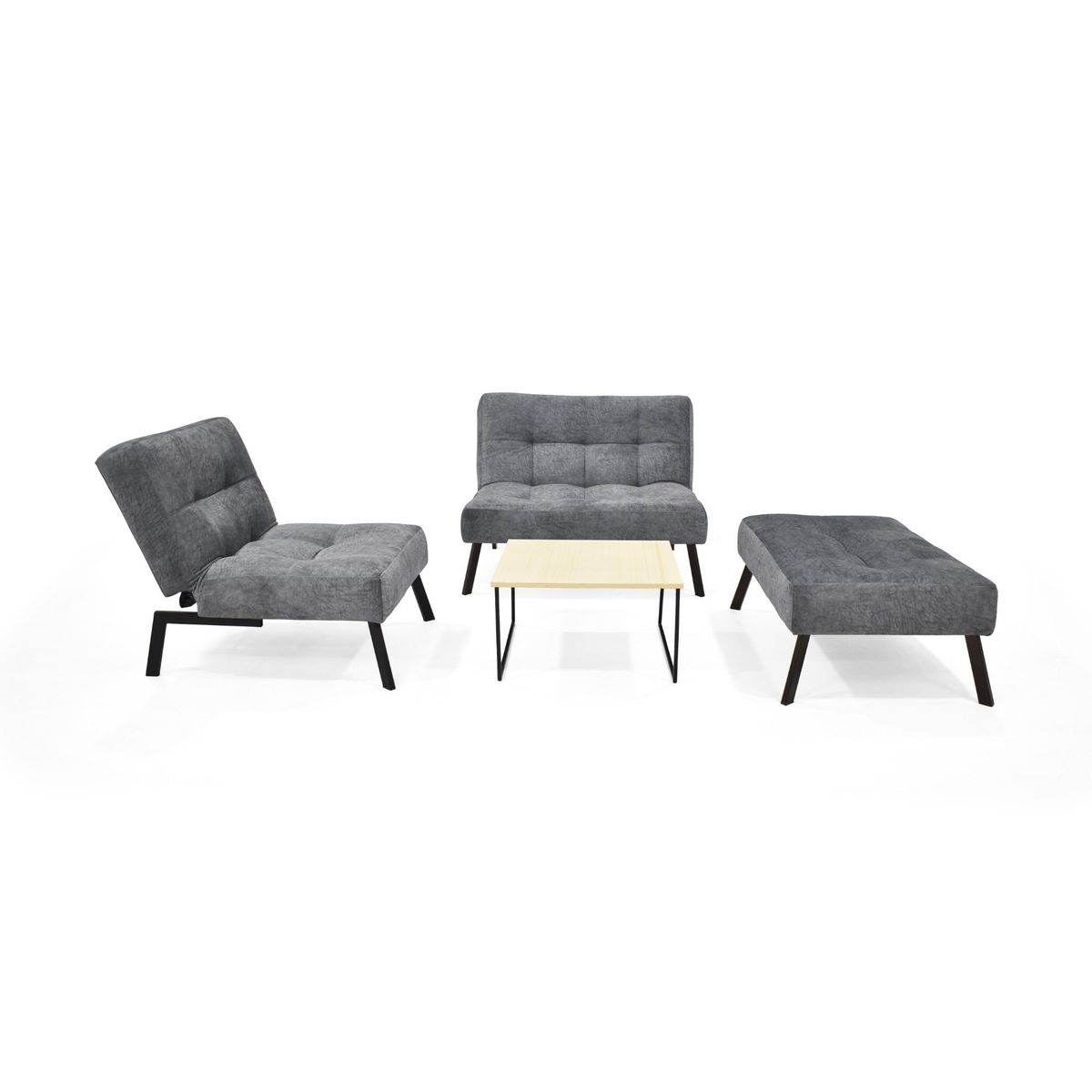 VENECIA - Sala con Sofá y Poltrona Reclinable 2P + Puff Tela Gris y Mesa Centro