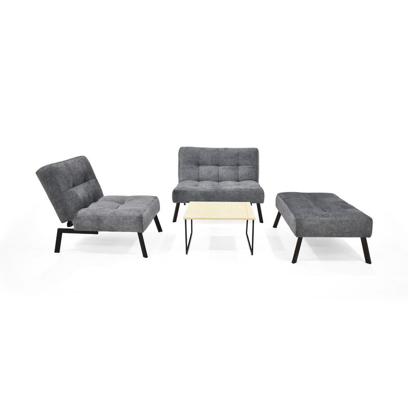 VENECIA - Sala con Sofá y Poltrona Reclinable 2P + Puff Tela Gris y Mesa Centro