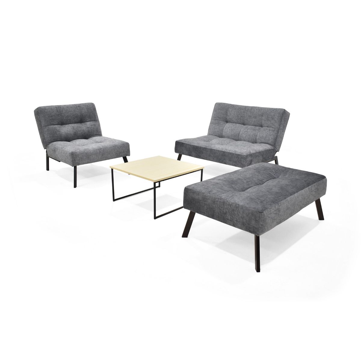 VENECIA - Sala con Sofá y Poltrona Reclinable 2P + Puff Tela Gris y Mesa Centro