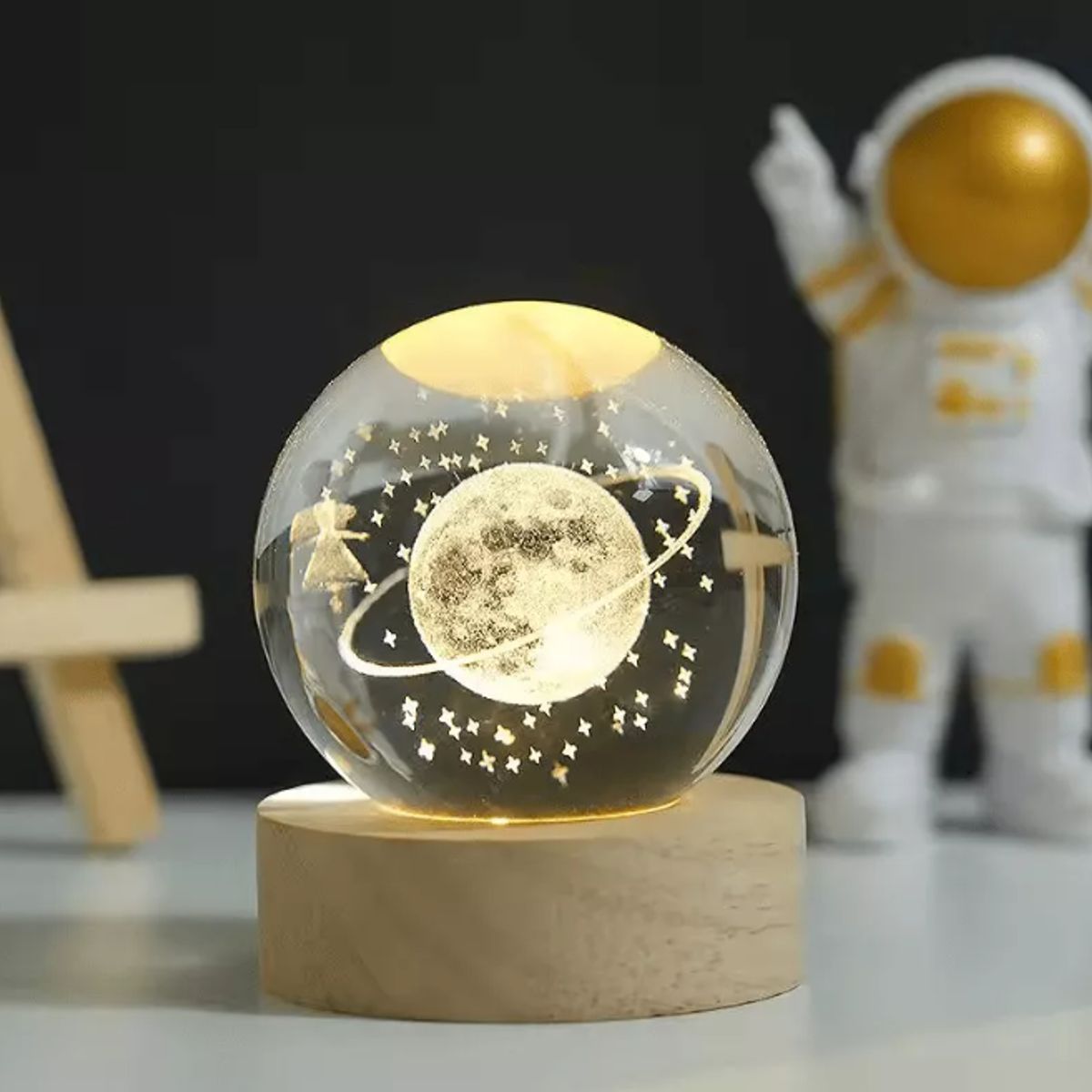 SHEN HUANG - Lampara Nocturna 3d Bola De Cristal Con Base Madera