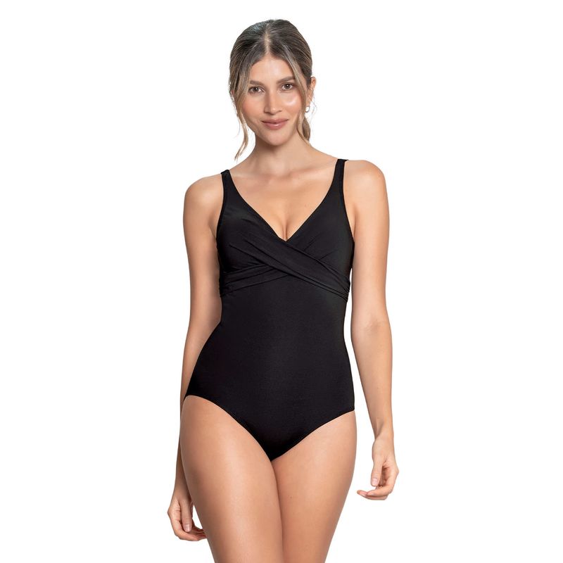LEONISA - Leonisa Vestido de baño control suave de abdomen y drapeado en escote