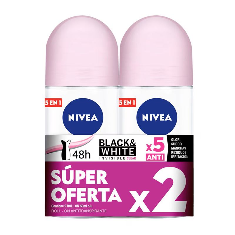 NIVEA - Desod Nivea Rollon Black&White Mujer 2 Und Fco 50 Ml