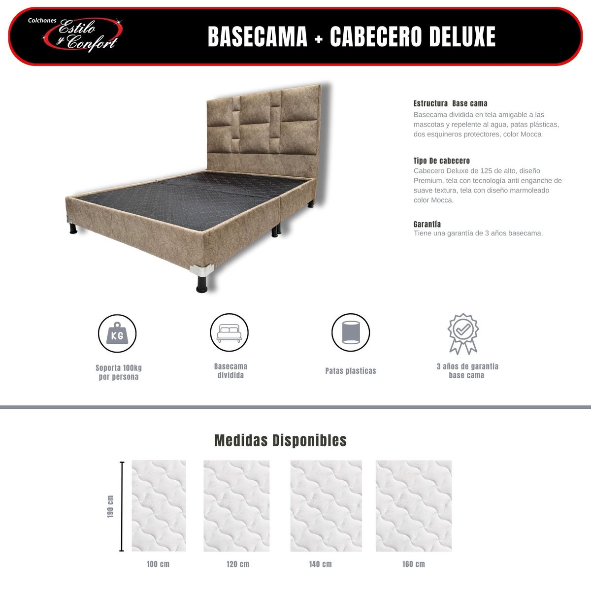 ESTILO Y CONFORT - Basecama con cabecero Deluxe Cocoa 100 Sencillo