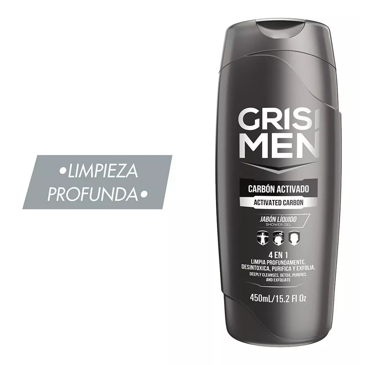 GENERICO - Jabón Líquido Corporal Masculino 4 en 1 Carbón Activado 450ml Grisi