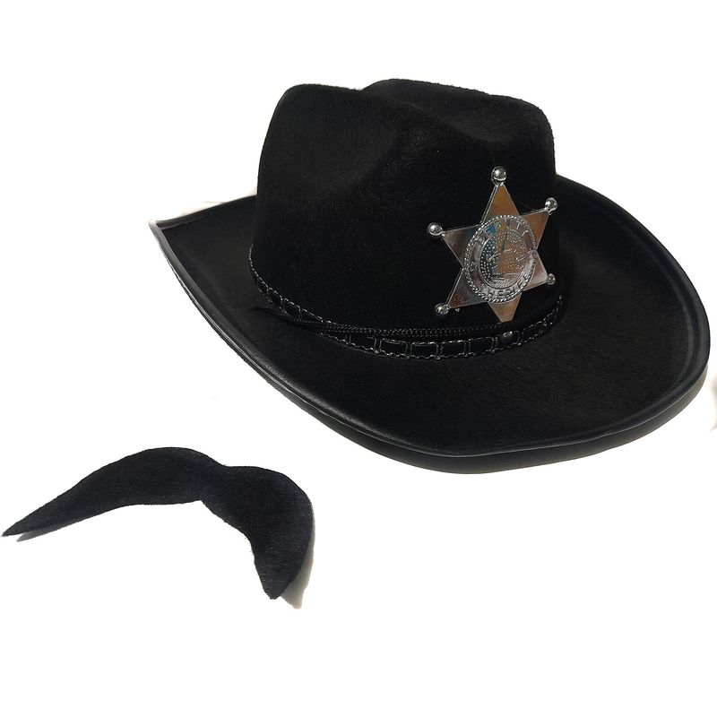 GENERICO - Sombrero Vaquero Negro + Bigote Para Niño Disfraz Sherif