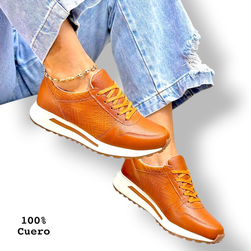 EVEGONZ - ZAPATILLAS MUJER CUERO MARRON MIEL CALZADO DAMA