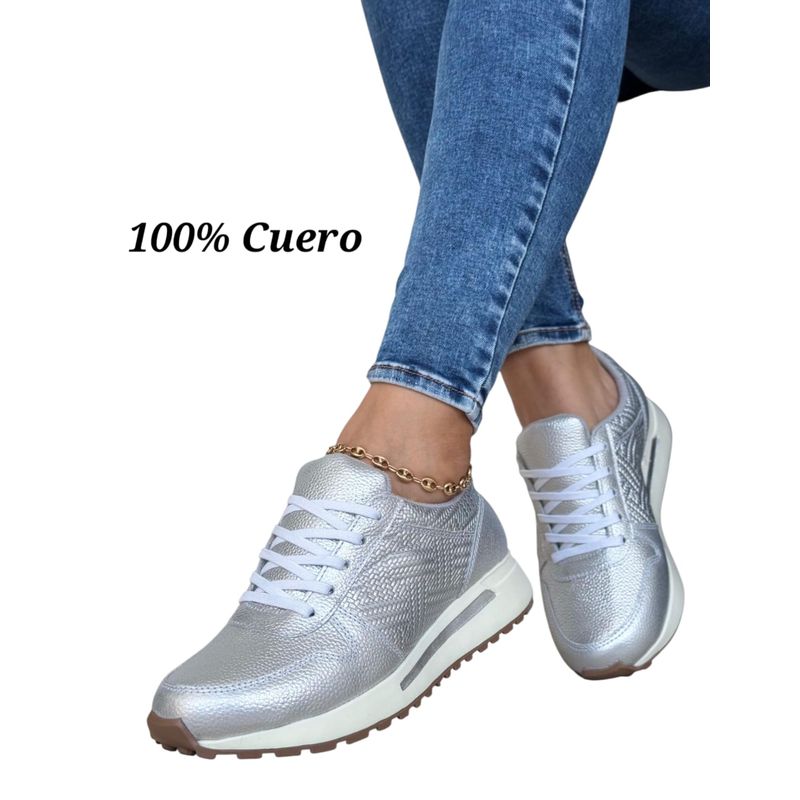 EVEGONZ - TENIS DEPORTIVOS MUJER ZAPATOS CUERO DAMA PLATEADO