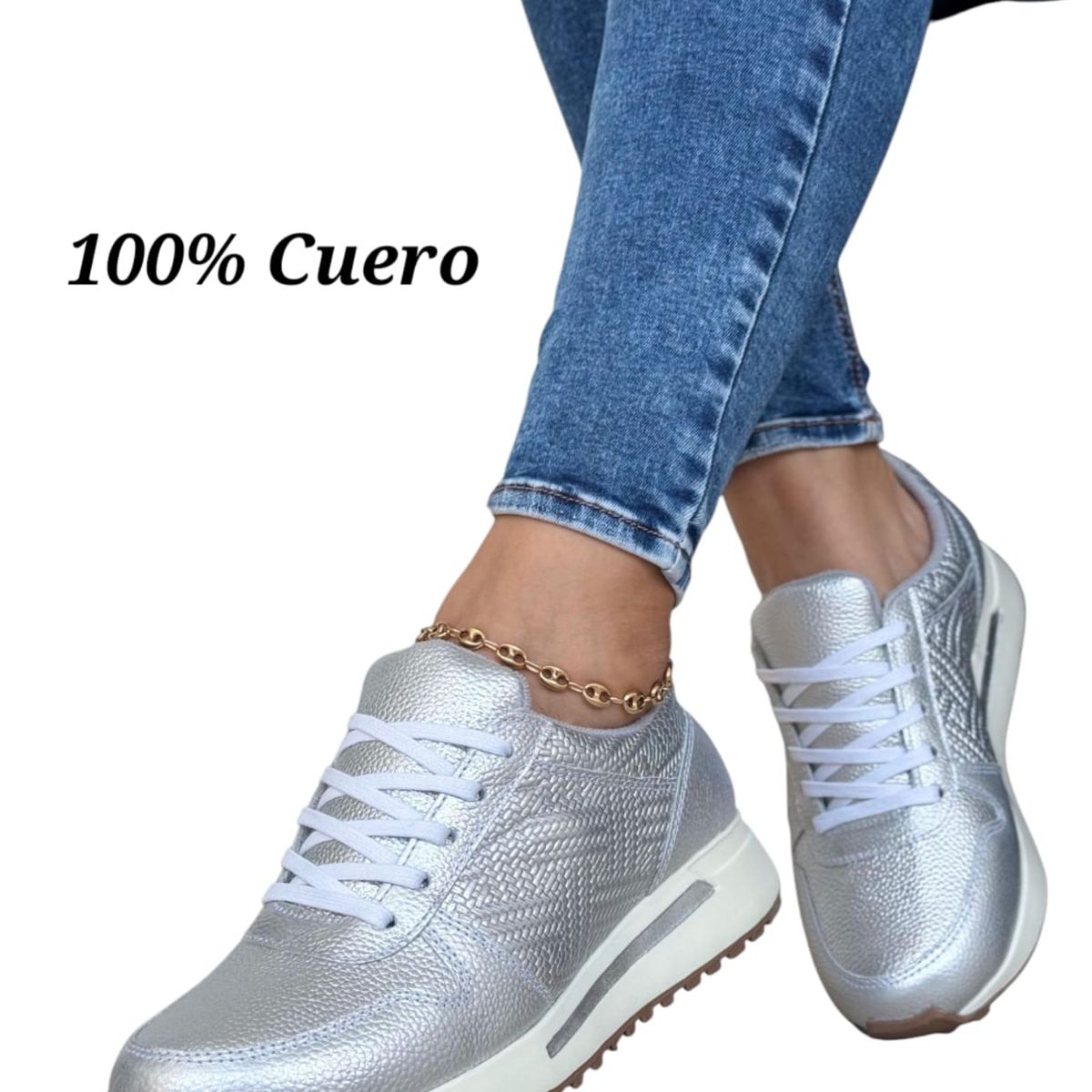EVEGONZ - TENIS DEPORTIVO MUJER ZAPATOS DE CUERO PLATEADOS