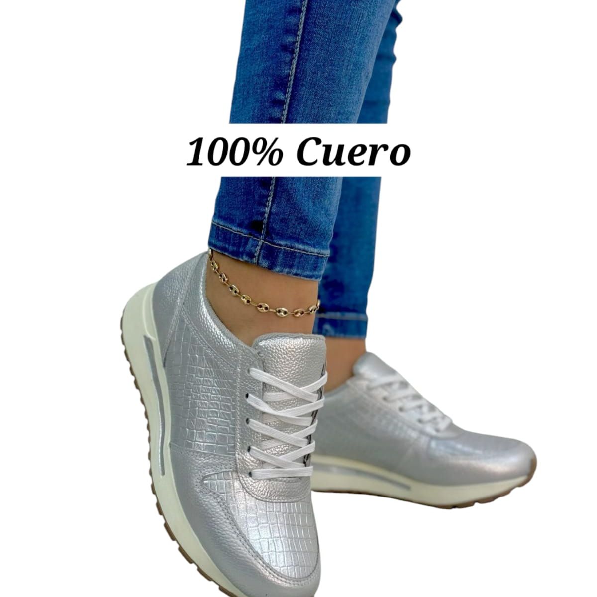 EVEGONZ - TENIS DEPORTIVO MUJER ZAPATOS DE CUERO PLATEADOS