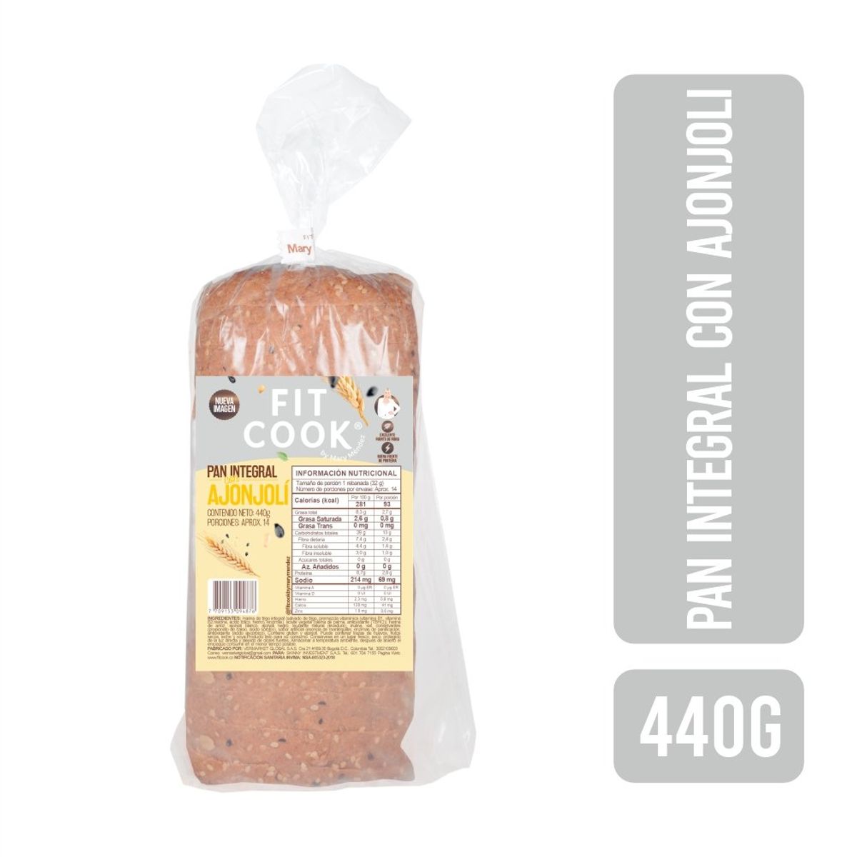 GENERICO - Pan Integral Fitcook Ajonjoli X 430G